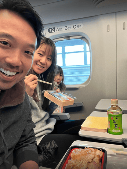 Kai, Lena, and Yuna on the Shinkansen (bullet train) for a lunch and ride